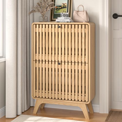 Jluomei Narrow Shoe Cabinet Storage for Entryway, Modern Cabinet Rack with 2 Flip Drawers, Slim Wood Fluted Entry Way Shoe Organizer, Wooden, Small, Farmhouse, Freestanding, Natural Oak (39.4 Inch) - color: Natural