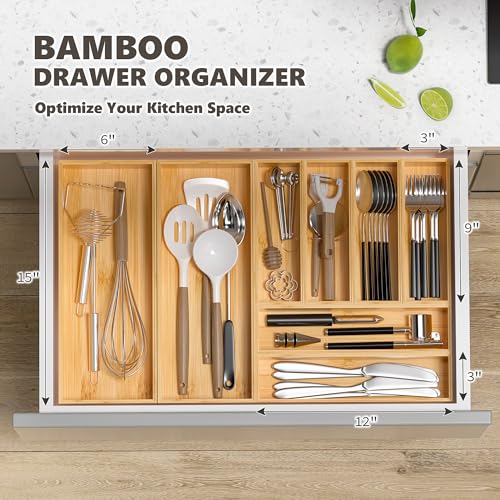Kitchen Drawer Organizer Bins, Stackable Bamboo Deep Drawer Organizer for Silverware, Utensils, Cutlery, Flatware, Junk Drawer, Dresser, Bathroom, 12" x 3" x 2.5" (Set of 2) - color: Bamboo, size: 12 x 3 x 2.5 Inch