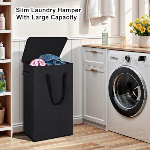 Odonata 75L Slim Laundry Hamper with Lid,Large Foldable Laundry Basket with Removable Bag and Handles Tall Collapsible Dirty Clothes Basket Great for Bedroom, Bathroom, Dorm, College,RV.(Black, 75L) - color: Black