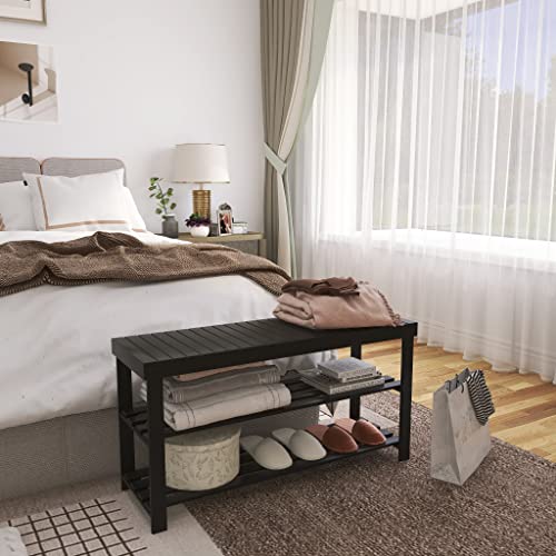 SMIBUY Bamboo Shoe Rack Bench, 3-Tier Shoe Organizer Storage Shelf for Entryway Hallway Bathroom Living Room (Black) - color: Black