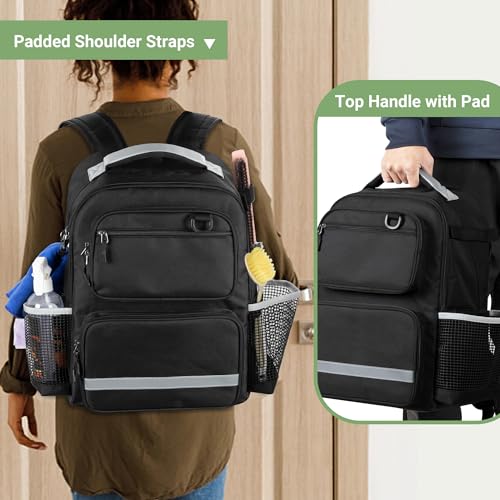 HODRANT Cleaning Backpack with Bottom Plate & Waterproof Bottom, Large Supplies Bag with Multiple Pockets for Housekeeping Tools, Cleaning Products Caddy Organizer for Home & Car