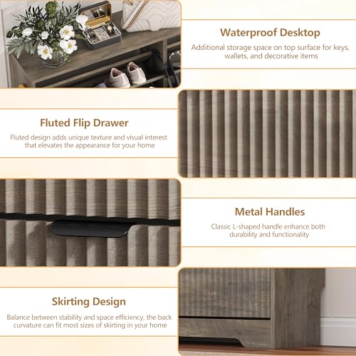 HUANLEGO Shoe Cabinet Storage for Entryway with 3 Flip Drawers, Grey Fluted Shoe Cabinet with Adjustable Shelves, Wooden Hidden Shoe Rack Freestanding Narrow Slim Shoes Storage for Hallway, Entrance - color: Grey, size: 3 Drawer