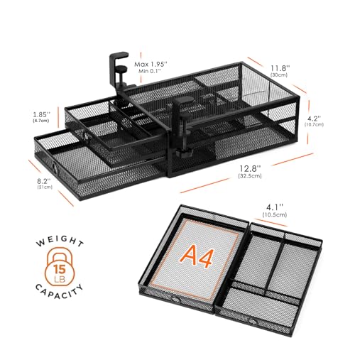 2-Tier Clamp-On Mesh Organizer, Under Desk Storage with Slide-Out Tray, No Drilling Tool-Free Installation, Durable Rust-Resistant Metal, Large-Capacity Organizer. - color: Black - 2 Tier