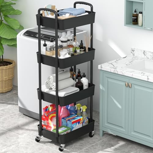 Sywhitta 4-Tier Plastic Rolling Utility Cart with Handle, Multi-Functional Storage Trolley for Office, Living Room, Kitchen, Movable Storage Organizer with Wheels, Black - color: Black, size: 4-tier