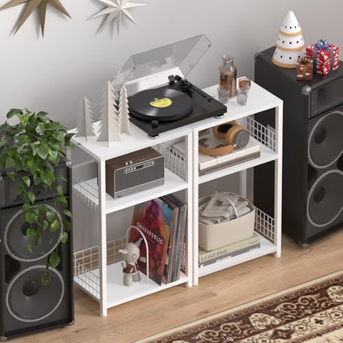 LELELINKY White Side Table with Storage, Small End Table Printer Stand for Small Spaces, Record Player Stand with Vinyl Storage, Sofa Night Stands for Living Room Bedroom - color: White, style: Upgraded