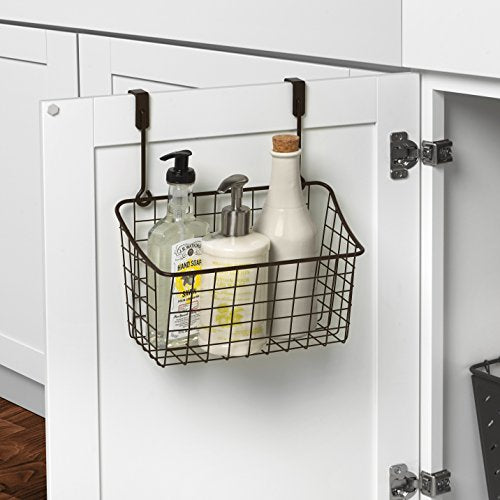 Spectrum Grid Medium Over Cabinet Hanging Basket & Towel Bar for Inside The Kitchen Bath Storage, Easy Install Cabinet Door Wire Metal Basket Hanger with Towel Holder for Kitchen Bathroom, Bronze