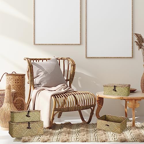 Woanger Set of 4 Wicker Storage Baskets Organizer，Handwoven Storage Bins with Lid for Organizing, Home Utility Box for Home Office Supplies Multipurpose Container(Natural Color) - color: Natural Color
