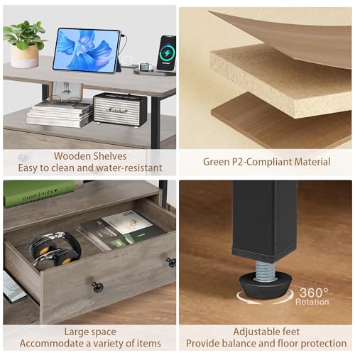 Edbuosy 27 Inch Wide Night Stand with Charging Station, Wood Nightstand with Open Shelf, Large Drawer Bedside Table for Living Room/Bedroom/Office (Rustic Gray) - color: Rustic Gray, size: 1 Drawer