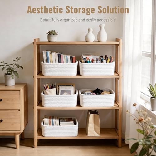 5 Pack White Small Woven Storage Baskets for Shelves, Cotton Rope Baskets Organizer for Bathroom, Closet & Nursery, Decorative Storage Bins for Organizing Socks, Toys, 11.8"x7.9"x4.7" - color: White