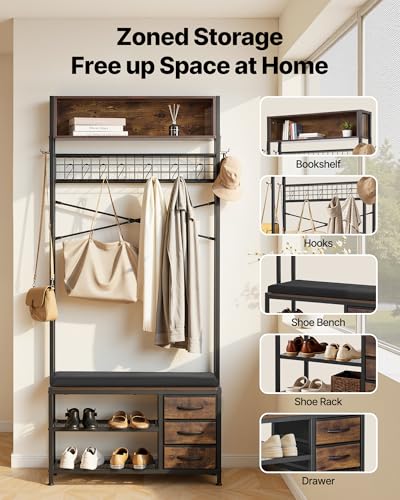 VEVOR Hall Tree with Bench and Shoe Storage, Entryway Bench with Coat Rack, 3 Drawers, 3 Storage Cubbies, 7 Hooks with Soft Cushion for Entryway, Hallway - size: 70.9" * 31.5"