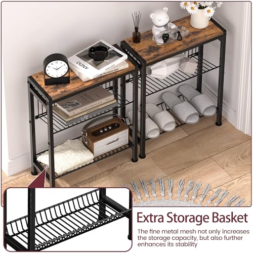 Narrow Side Table for Small Space, 3-Tier End Table with Magazine Holder,Slim Nightstand with Wire Shelf, Skinny Bedside Table in Living Room, Bedroom, Study, kitchen and Balcony (Rustic Brown) - color: Upgrade-rustic Brown