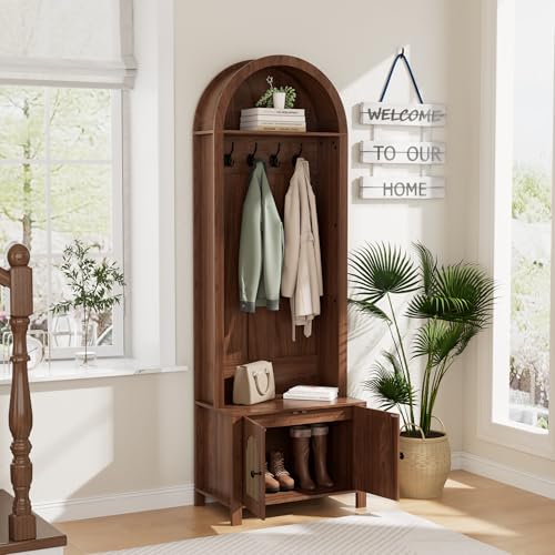Hall Tree with Bench and Shoe Storage, Entryway Storage Bench with Coat Rack, 70.9"Arch Coat Rack with 4 Hooks and 2 Fluted Doors, Farmhouse Style Furniture Organizer for Hallway (Walnut, 23.7"W) - size: 23.7"W