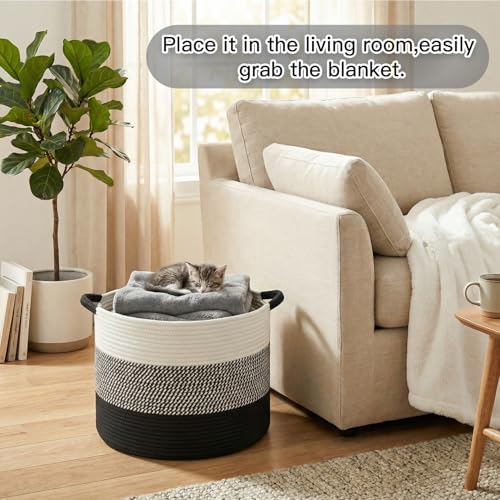 Artfeel 70L Large Cotton Rope Basket, Decorative Woven Blanket Storage for Living Room, Boho Toy Storage & Toy Box for Kids, Versatile Laundry Basket & Nursery Hamper for Blankets(Black) - color: Black, size: 70L