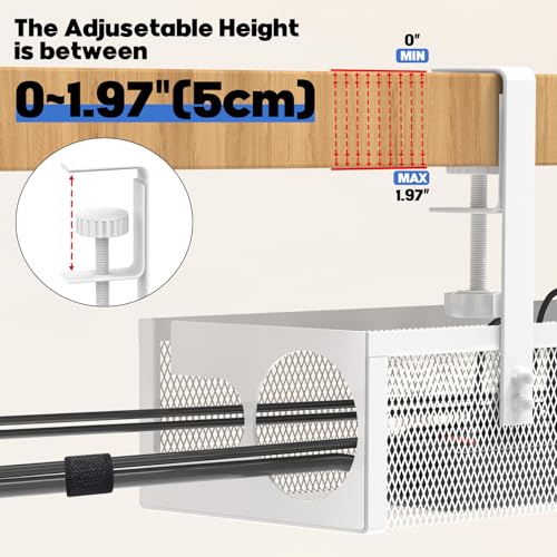 Under Desk Cable Management Tray No Drill 15.1’’, Metal Mesh Cable Management Box with Hybrid Side Slots & Reinforced Basket,Adjustable Cable Tray with Wire Management for Office Home,1 Pack (White) - color: White