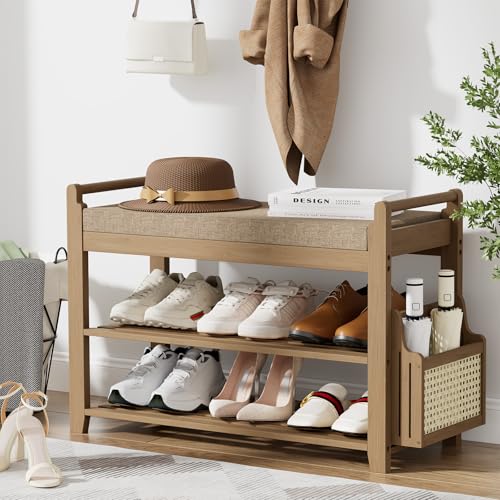 Homaxy 2-Tier Shoe Rack Bench with Side Holder, 28.2 in Bamboo Entryway Bench, Shoe Rack Organizer with Cushion for Front Entrance, Hallway Living Room Bedroom, Walnut and Light Brown - color: Walnut and Light Brown, size: 28.2 in