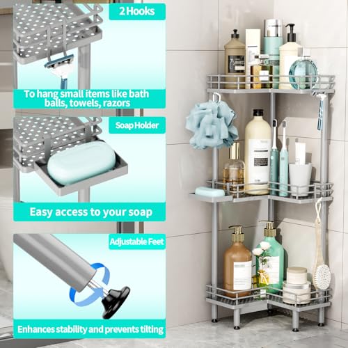 HapiRm Corner Shower Caddy Standing - 3 Tier Shower Organizer Corner with Soap Holder, Rustproof Bathroom Standing Organizer with 4 Hooks, Grey - color: Grey, size: 3-tier
