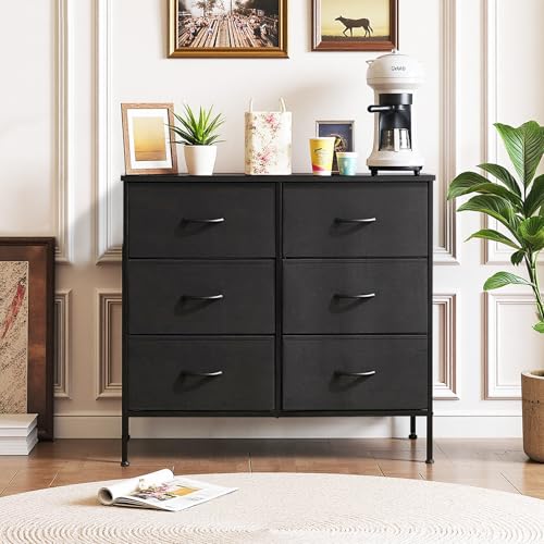 6-Drawer Dresser for Bedroom, Anti-Tip Wide Storage Organizer Chest of Drawers with Wooden Top and Metal Frame Fabric Bins for Closet, Living Room, Hallway, Entryway, Black - color: Black, size: 11.8"D x 31.5"W x 31.5"H (6 Drawers)