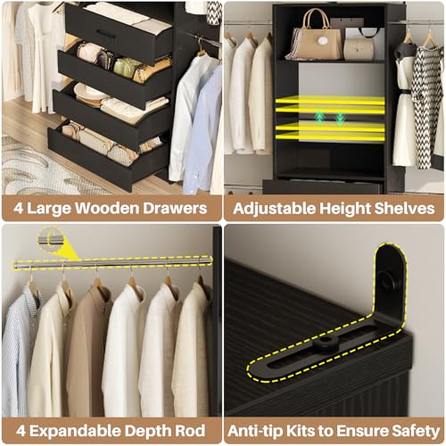 Aheaplus Closet System, 4-9Ft Closet Organizer with 4 Wooden Drawers, Wood Closet Organizer System with Tower, Walk-in Closet Organizer Wardrobe Clothes Rack with 4 Hanging Rods, Garment Rack, Black - color: Black