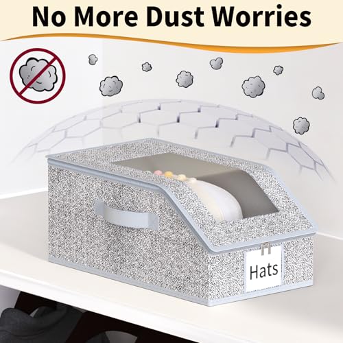 3 Pack Stackable Hat Organizer for Baseball Caps, Hat Storage with Clear Window Lid, Holds up to 45 Ball Cap Storage Organizer, Foldable Hat Box Holder with Cardboard, for Closet Bedroom Shelf(Grey)