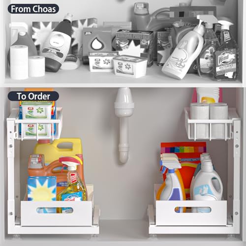 L-Shaped Under Sink Organizer, 2 Pack 2-Tier Pull Out Metal Kitchen Cabinet Organizer with Sliding Storage Drawer, Height Adjustable Heavy Duty Under Bathroom Sink Storage for Cleaning Supplies - color: White V2.0, size: 2 Pack