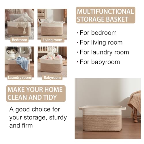 OIAHOMY Large Blanket Basket, 65L Cotton Rope Woven Laundry Basket, Toy Bin for Baby Room, Container for Blanket Storage in Living Room, 20''×16''×12'', Brown & White - color: Brown & White, size: 65L