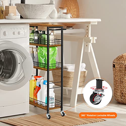 YBING Slim Storage Cart 4 Tier Narrow Kitchen Rolling Cart with Wooden Tabletop Mobile Utility Stand on Wheels for Bathroom Laundry Narrow Places Rustic Brown 16.5''L X 7.3''W X 34.6''H - color: Browm