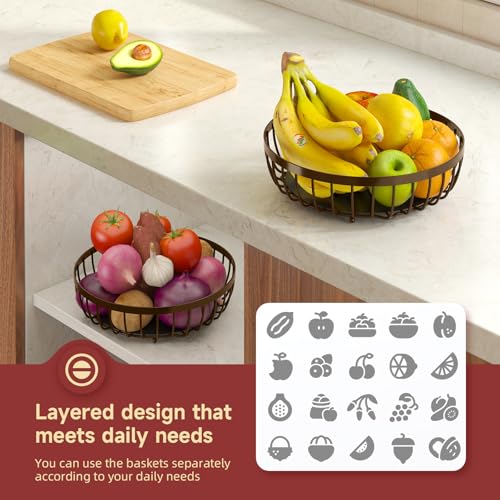 Sevenblue 2 Tier Fruit Basket for Kitchen Counter with 2 Banana Hangers, Metal Stackable Fruit Bowl for Kitchen Counter for Bread Vegetable Fruits, Brown - color: Brown, size: 2 Tier