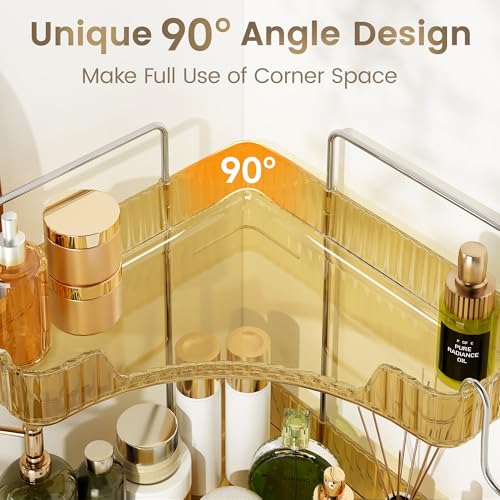 Golden Corner Counter Organizer, 2 - Tier Bathroom & Kitchen Storage Tray with Hooks | PET Vanity Organizer for Skincare, Makeup & Jewelry - color: Gold, size: 2 Tier