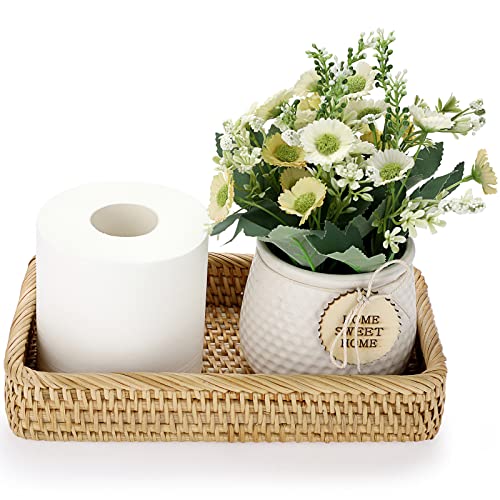 Sumnacon 10 Inch Rattan Bathroom Vanity Tray - Decorative Wicker Toilet Tank Tray for Paper Hand Towel, Vintage Storage Basket Bin for Bathroom Kitchen Toilet Tank Vanity Countertop Table Shelf - color: Yellow, size: 10" x 6.1" x 1.8"