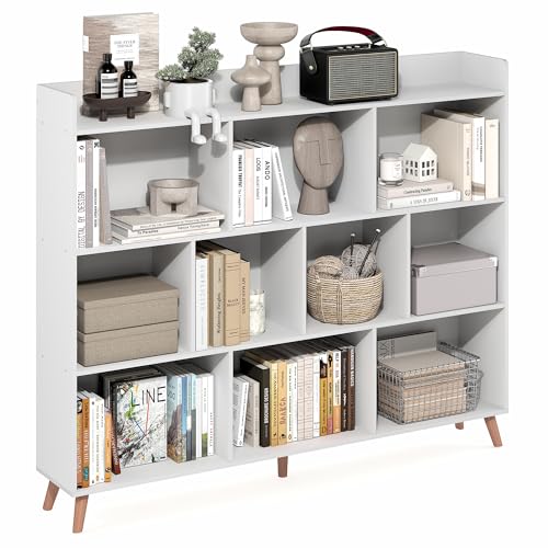 Furinno Claude Book Shelf, 10-Cube Mid Century Style Bookshelf, Bookcase, Storage Organizer with Wood Legs, 9.4" x 55.1" x 45.1", for Living Room, Bedroom, Home Office, White - color: White, size: Mid Century, 10-Cube