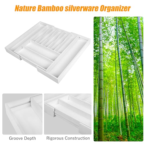 Bellsal Large Premium Bamboo Silverware Organizer - Expandable Utensil Drawer Organizer - 17"x19.6" Utensil Holder and Cutlery Tray with Grooved for Kitchen Flatware and Utensils(7-9 Slot, White) - color: White, size: 9 Slots Expandable