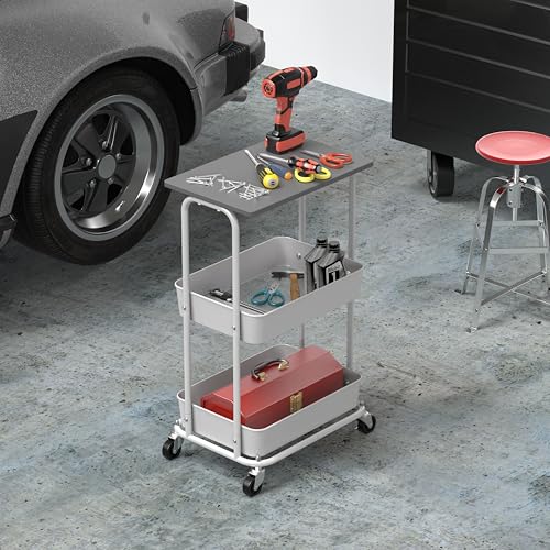 Simple Houseware 2-Tier Rolling Utility Cart with Lockable Wheels and Wood Top, Metal Storage Organizer Trolley for Kitchen, Bathroom, Office, Craft Room, Grey - color: Grey