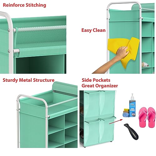 Simple Houseware 16 Cube Shoe Stand Tower Rack 8 Tier with Top Shelf and Side Hanging Pockets, Turquoise - color: Turquoise