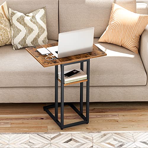 HOOBRO Foldable End Table, C Shaped Side Table with Storage Shelf, Small Snack Table Suitable for Living Room Bedroom Small Spaces, Easy Assembly, Rustic Brown BF29SF01 - color: Rustic Brown + Black