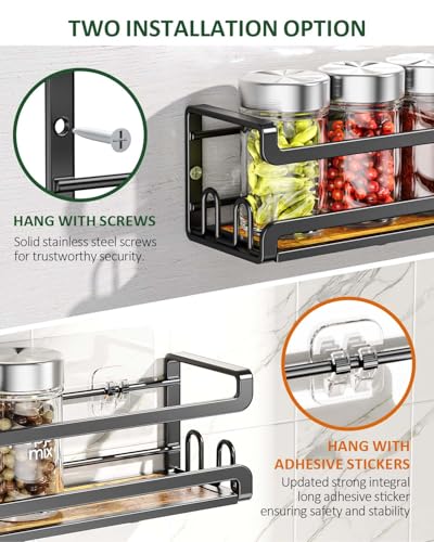 Doakhirmit 4 Pack Wall Mount Spice Rack with 16 Hooks,Hanging Spice Rack Organizer for Stove Cabinet Pantry Door, Screw or Adhesive Wooden Spice Shelf for Kitchen and RV Camper, Black - size: 4 Pack