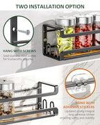 Doakhirmit 4 Pack Wall Mount Spice Rack with 16 Hooks,Hanging Spice Rack Organizer for Stove Cabinet Pantry Door, Screw or Adhesive Wooden Spice Shelf for Kitchen and RV Camper, Black - size: 4 Pack