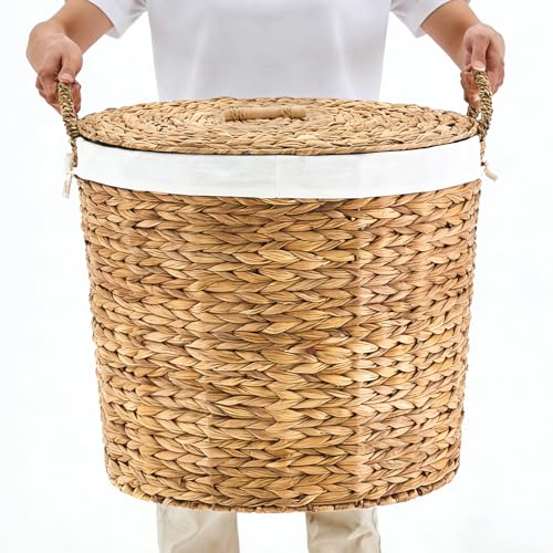 Handwoven Hamper with Lid, Clothes Hamper for Bathroom Laundry Room Bedroom (Natural, L) - color: Natural, size: L
