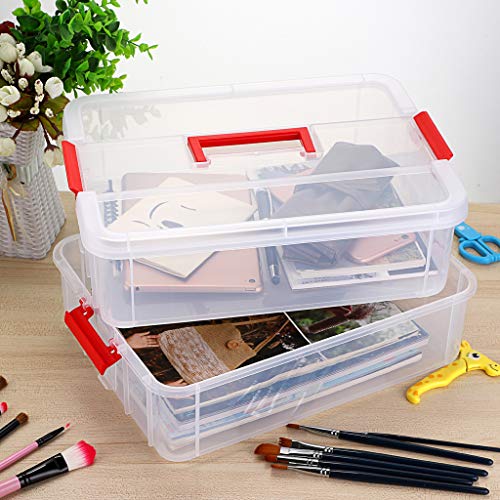 BTSKY 2 Layer Stack & Carry Box, Plastic Multipurpose Portable Storage Container Box Handled Organizer Storage Box for Organizing Stationery, Sewing, Art Craft, Jewelry and Beauty Supplies(Red) - color: Red