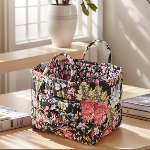 Quilted Fabric Basket Foldable Car Storage Boho Floral Laundry Basket Hamper for Nursery Bedroom & Living Room | Organize Clothes Toys - color: Rose Garden