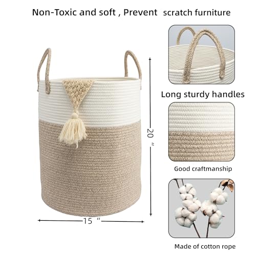 Woven Cotton Rope Laundry basket-15”X20” Laundry Hamper-Rope Storage Basket for Dirty Clothes, Toys and Blankets Perfect for Bathroom, Baby nursery and Living Room Storage (white and brown) - color: white and brown, size: regular