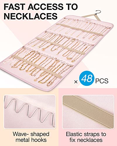 BAGSMART Hanging Jewelry Organizer Storage Roll with Hanger Metal Hooks Double-Sided Jewelry Holder for Earrings, Necklaces, Rings on Closet, Wall, Door, 1 piece, Extra Large, Pink - color: Pink, size: X-Large