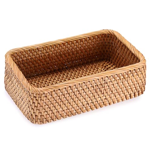 BTSKY Small Remote Basket for Coffee Table Entryway Living Room Rattan Serving Tray 9.6'' x 6.5'' Handwoven Wicker Baskets Decorative Tray for Wallet Remote Control Trinkets Rings Cosmetics Crackers - size: 9.6'' X 6.5'' X 3.1''