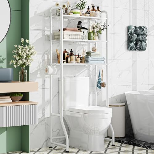 Simple Trending Over The Toilet Storage Rack, Metal 3 Tier Bathroom Organizer Shelf with Paper Holder and 3 Hooks, Freestanding Shelf Space Saver Above Toilet, White - style: 3 Tier White