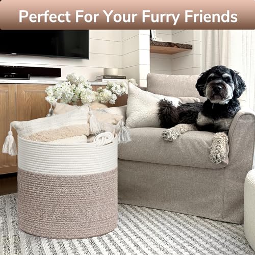 Goodpick Woven Laundry Basket, 15 x 14.2 Inches Cotton Rope Basket for Blankets, Soft Blanket Storage Baskets with Handles for Living Room, Woven Toy Storage Organizer for Nursery, Brown - color: Brown, size: 15 × 14.2 inches