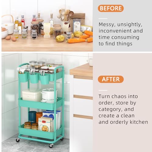 JIUYOTREE 3-Tier Plastic Rolling Storage Cart Utility Cart with Extra Hanging Cups Handles Lockable Wheels for Living Room Bathroom Kitchen Office Green - color: Green, size: 3-Tier