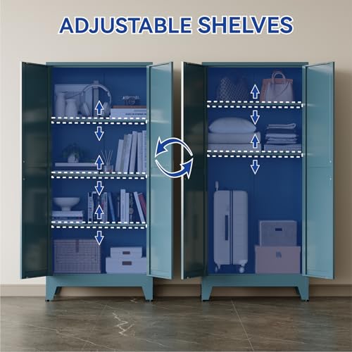 COFaR Metal Pantry Cabinet with Doors, Farmhouse 61'' Tall Storage Cabinet with 3 Adjustable Shelves, Kitchen Pantry Cabinet for Dinning Room, Laundry, Peacock Blue 4-Tier - color: Peacock Blue, size: 61 Tall 2 Doors-Farmhouse