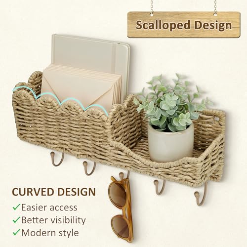Hook Woven Rattan Key Holder & Mail Organizer, Scalloped Wave Design Decorative Wall Mount for Entryway, Living Room & Hallway, Natural Paper Rattan