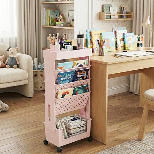 5-Tier Mobile Bookshelf, Rolling Bookcase Book Storage Rack, Movable File Folder Organizer Cart with Wheels for Home Study Office Living Room Classroom, Light Pink - color: Light Pink, size: 5-Tier