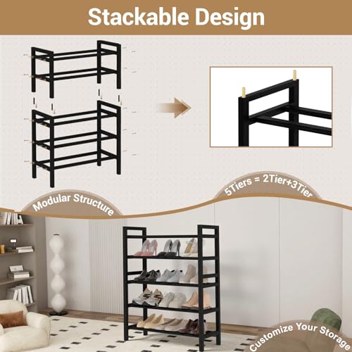 Haddockway Bamboo Shoe Rack for Closet, Free Standing Shoe Organizer with Smooth Round Rods & Convenient Handles, Stackable Shoe Storage Shelf for Entryway, Hallway(Black, 5-Tier(Small)) - color: Black, size: 5-Tier_Small