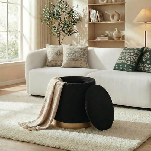 15" Round Storage Ottoman,Boucle Foot Rest/Seating/Storage for Small Space-Living Room/Bedroom/Dorm-Black - color: Black